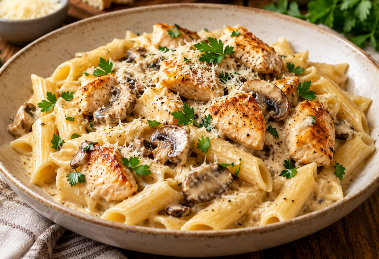 Pâtes crémeuses au poulet et champignons
