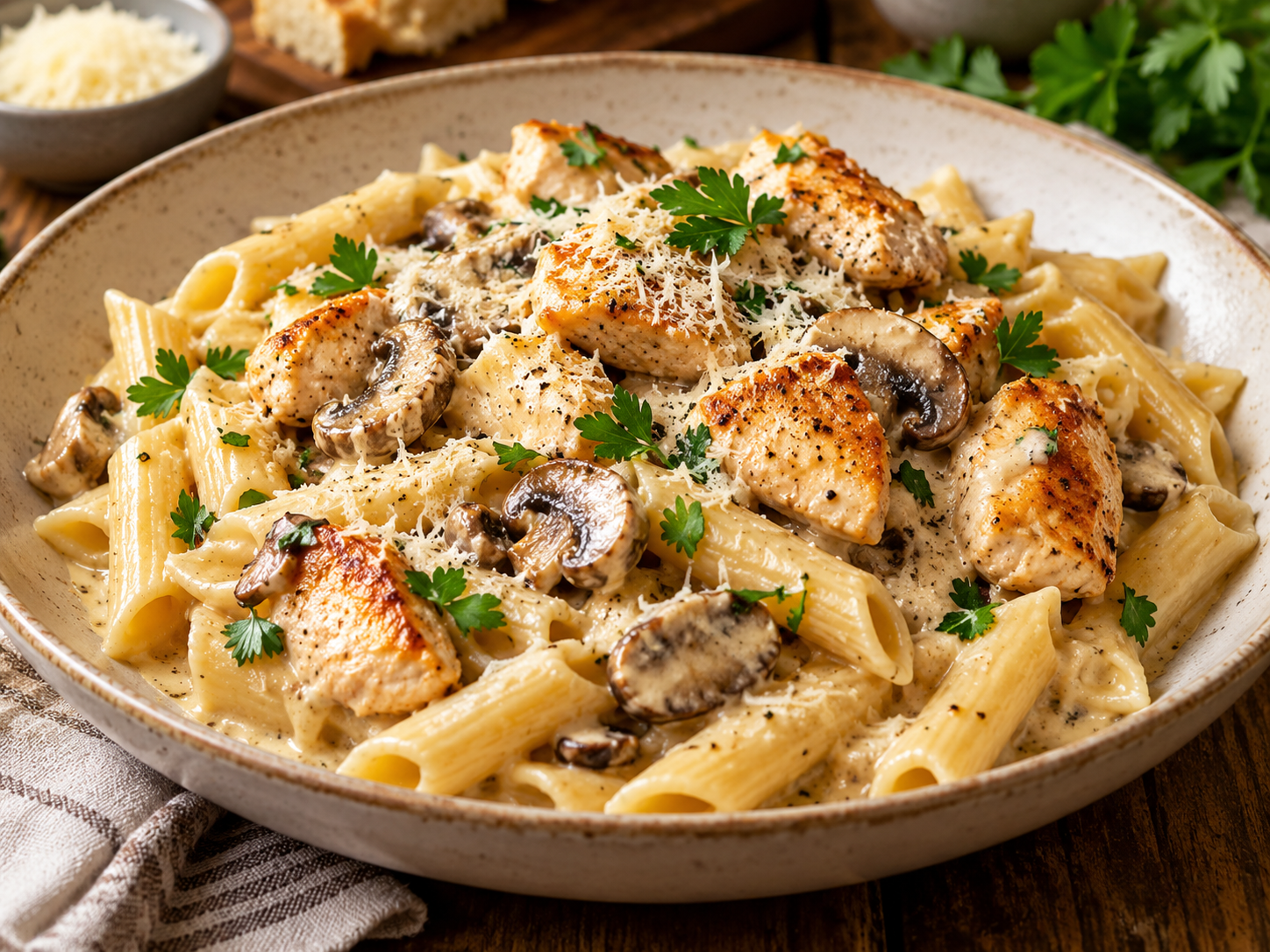 Pâtes crémeuses au poulet et champignons
