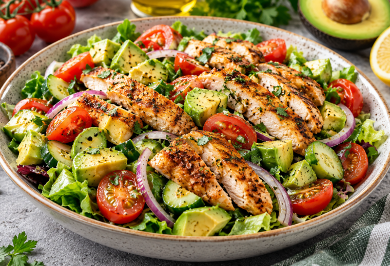 Salade de poulet grillé, avocat et tomates