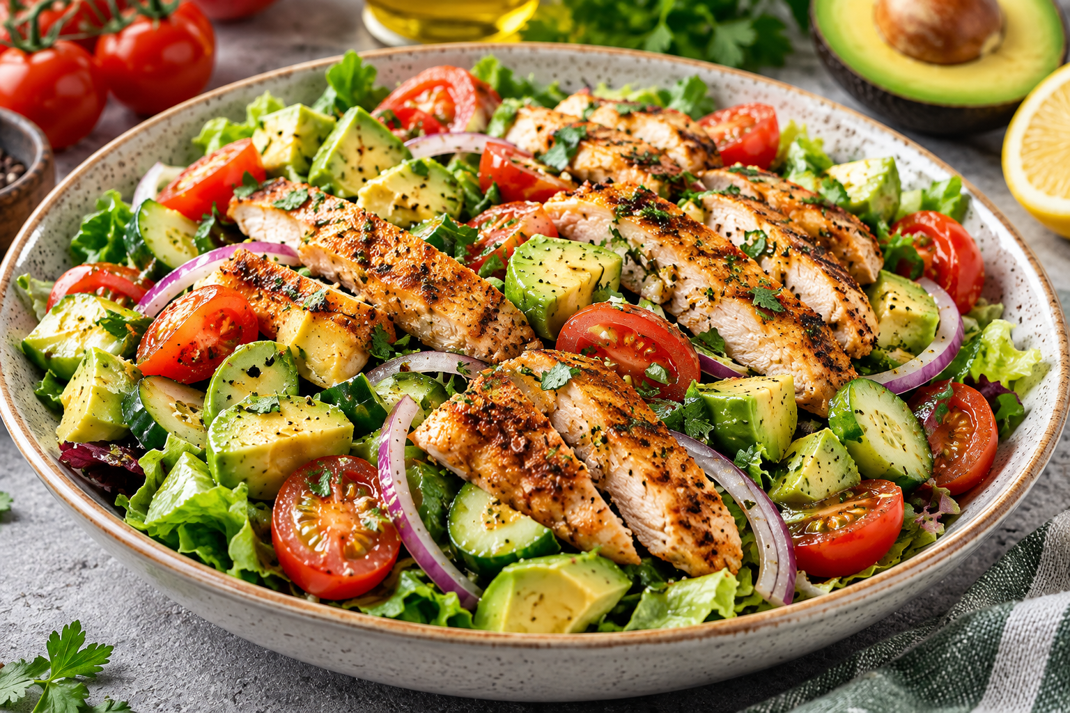 Salade de poulet grillé, avocat et tomates